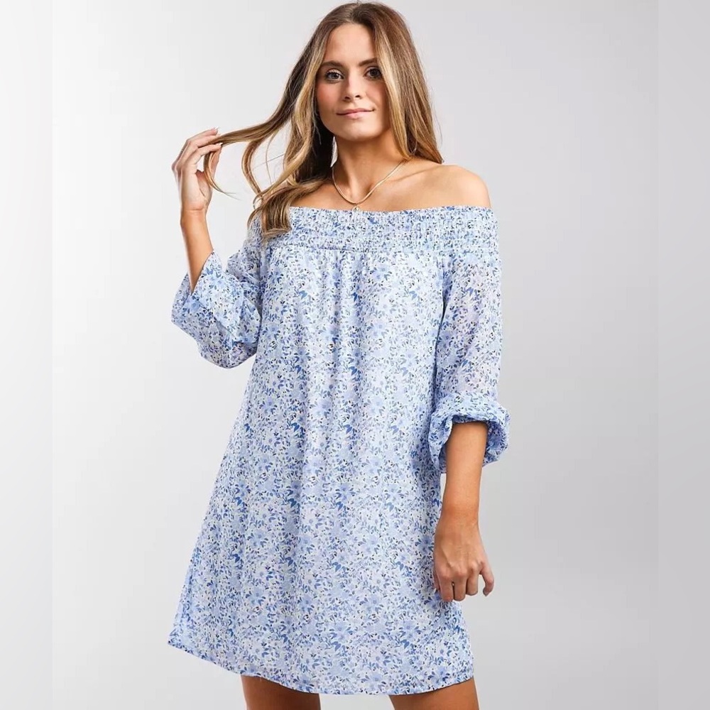 Buckle Smocked Off the Shoulder Dress